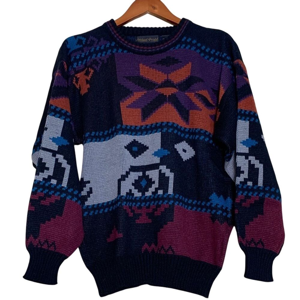 Vintage Michael Gerald knit Sweater Geometric Intarsia Men's Medium Navy Blue